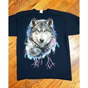 Fruit of the Loom HD Cotton Wolf Lightning Graphic T-Shirt Mens Large Black Tee